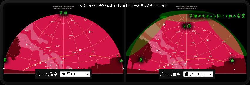 【左】 ズーム倍率「標準：１」の星空　【右】 ズーム倍率「縮小：０．８」の星空。