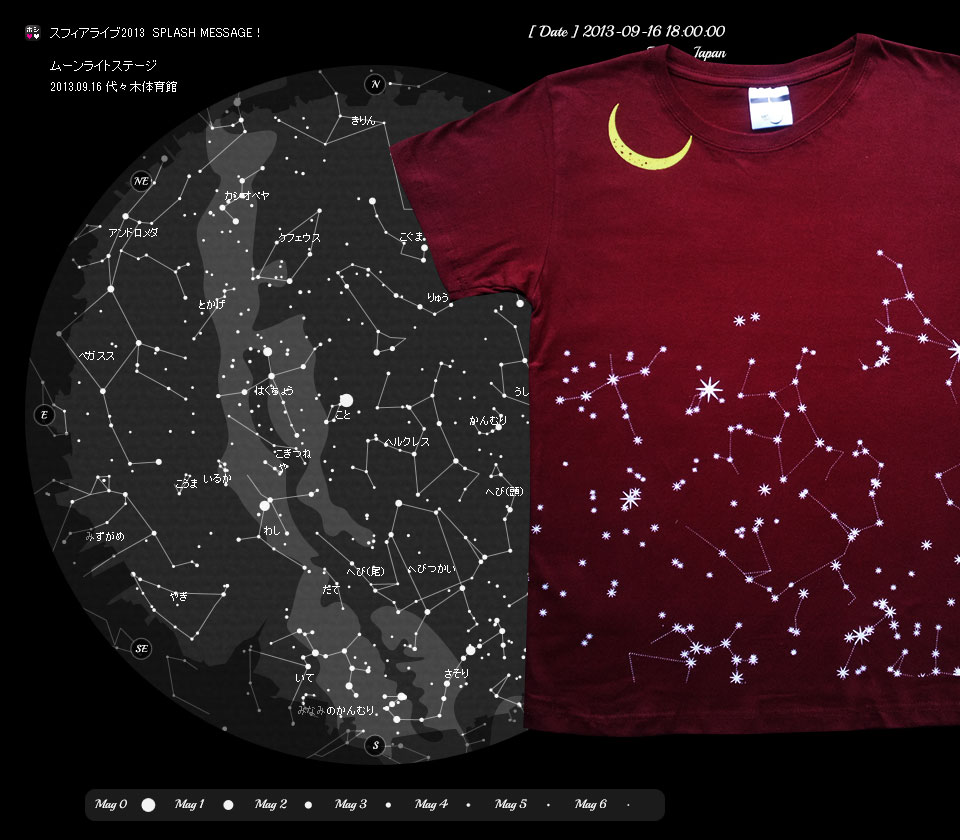 スフィアライブ2013 SPLASH MESSAGE! ムーンライトステージ 2013年9月16日 代々木体育館 の星空と、Ｔシャツにあしらわれた星空